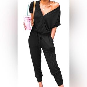 Adibosy V Neck Jumpsuit Short Sleeve Elastic Waist, Black, Medium